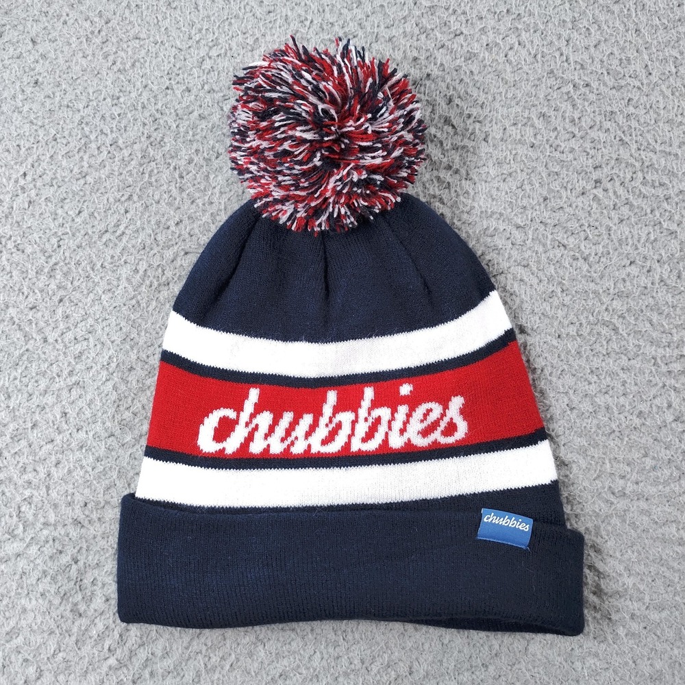 Chubbies Hat Beanie Pom Cuffed Fleece Lined Navy Red Stripe Knit Mens Toboggan